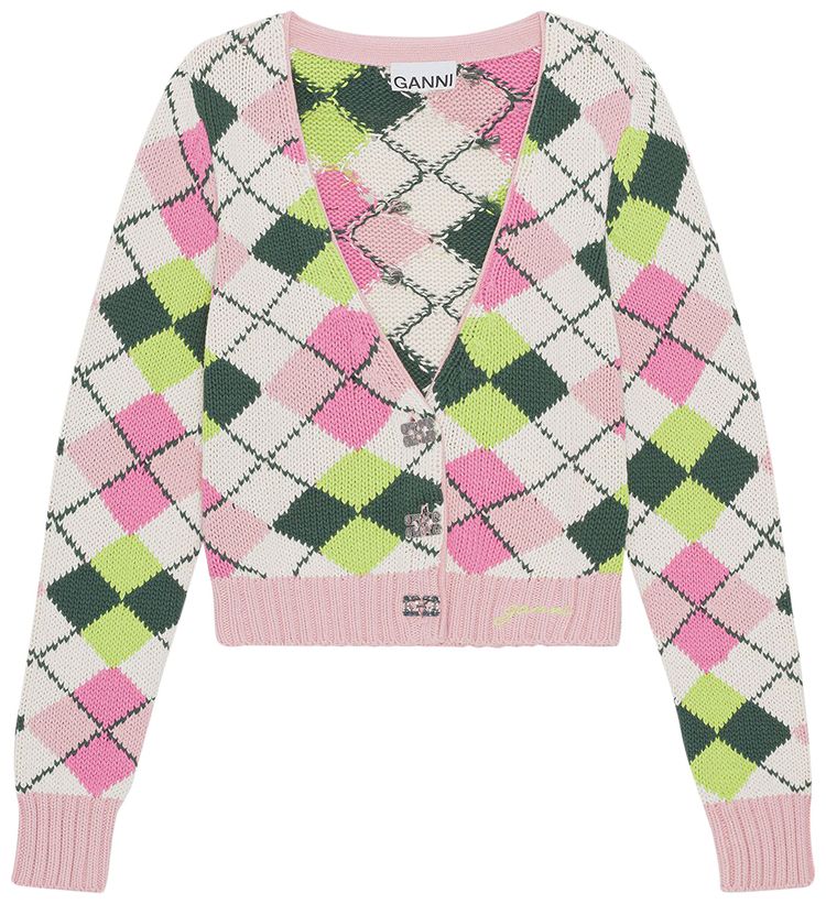 GANNI Graphic V Neck Cardigan Multicolor