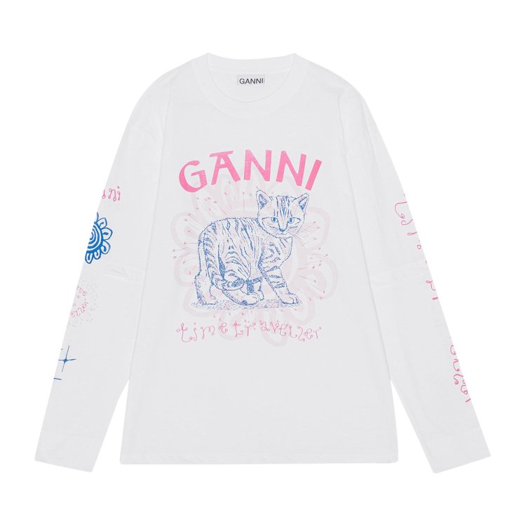 GANNI Light Jersey Cat Long-Sleeve T-Shirt 'Bright White'