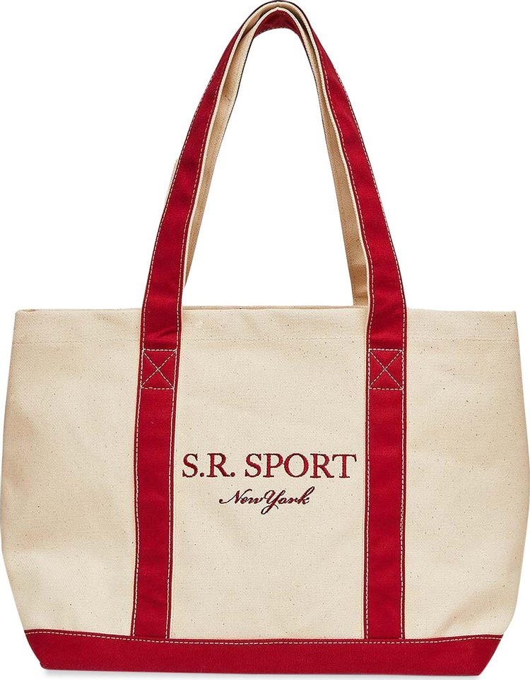 Sporty & Rich Logo Embroidered Canvas Tote Bag 'Natural/Ruby'