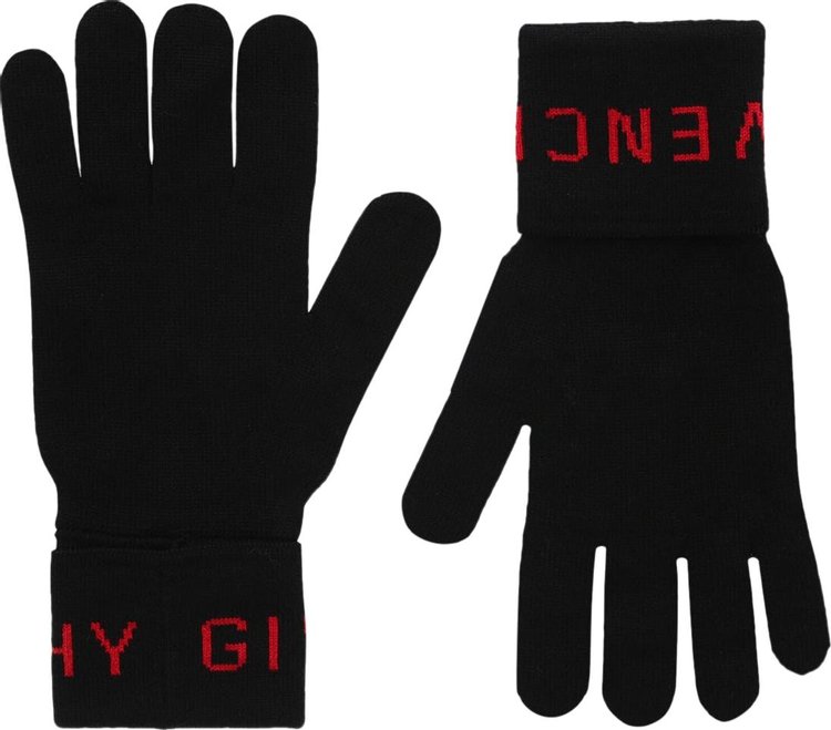 Givenchy Ribbed Logo Wool Gloves BlackRed