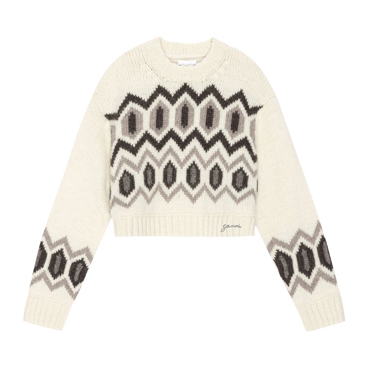 GANNI Chunky Wool Cropped O-Neck Sweater 'Egret White'