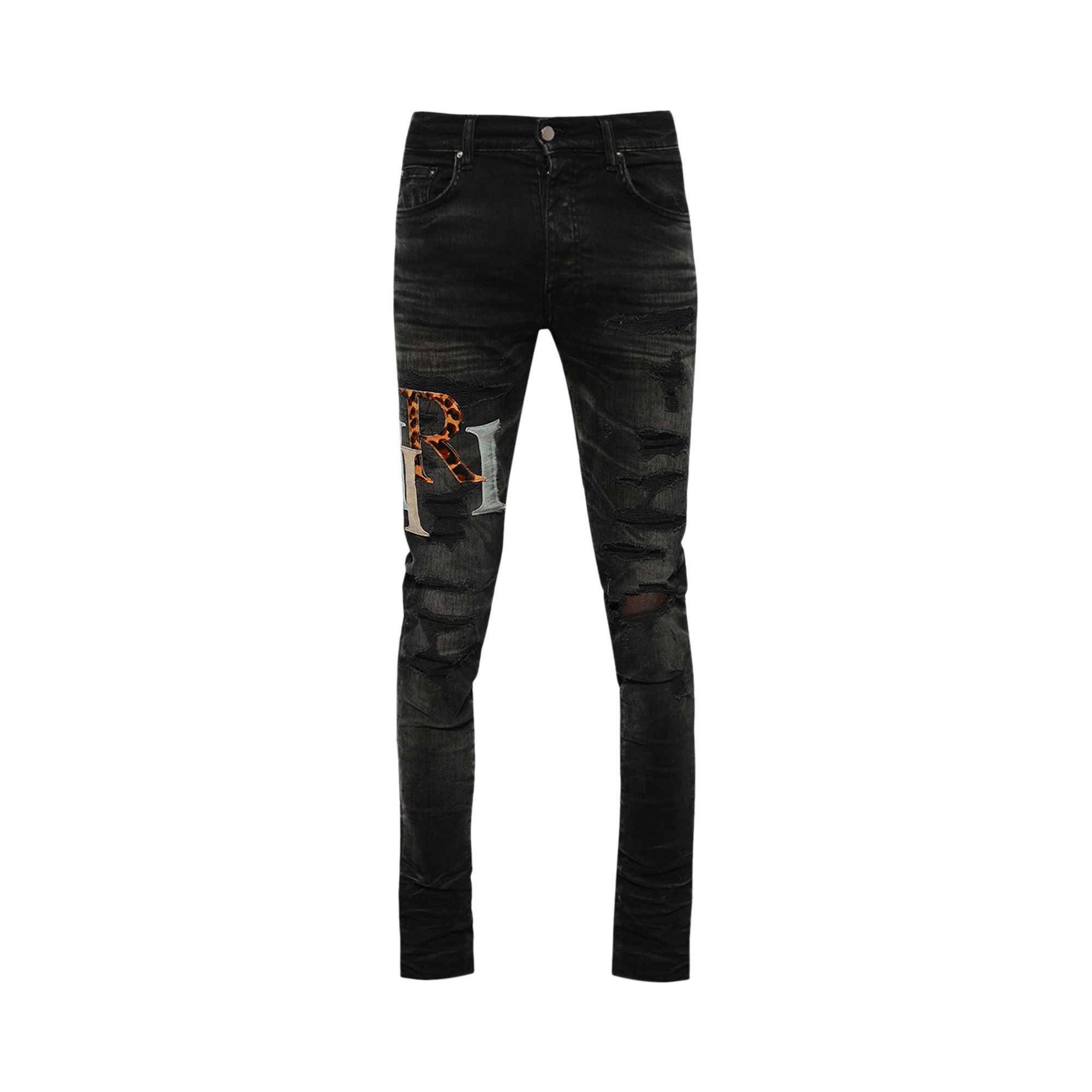 Buy Amiri Multi Leather Staggered Logo Jean Faded Black