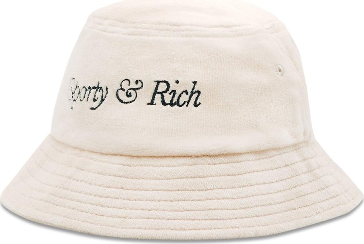 Sporty  Rich Italic Logo Embroidered Velour Bucket Hat CreamNavy