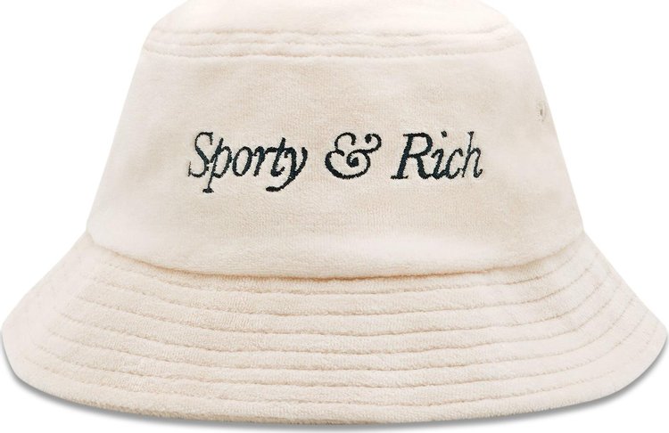 Sporty  Rich Italic Logo Embroidered Velour Bucket Hat CreamNavy