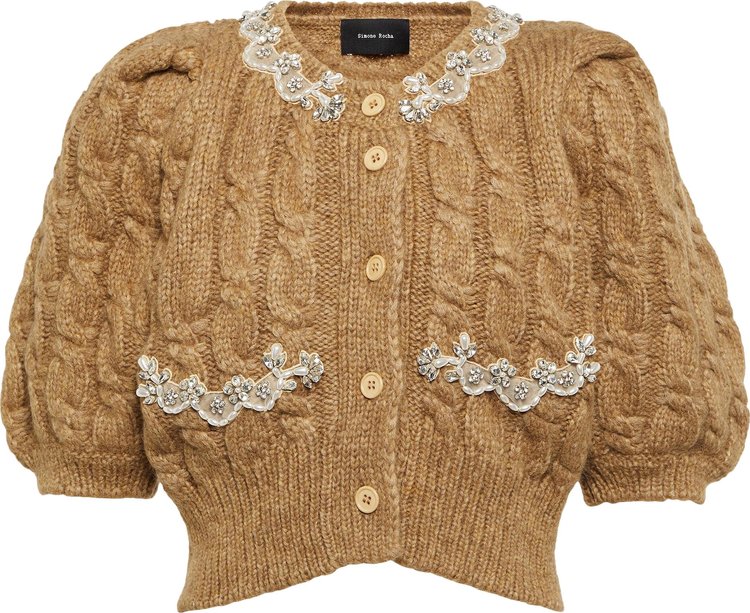 Simone Rocha Cropped Cable Puff Sleeve Cardigan 'Camel'