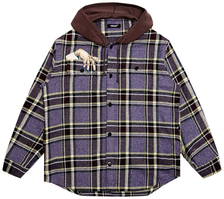 Undercover Bead Embroidery Check Hooded Shirt Purple