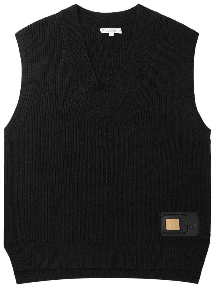 JW Anderson Sim Card V Neck Merino Vest Black