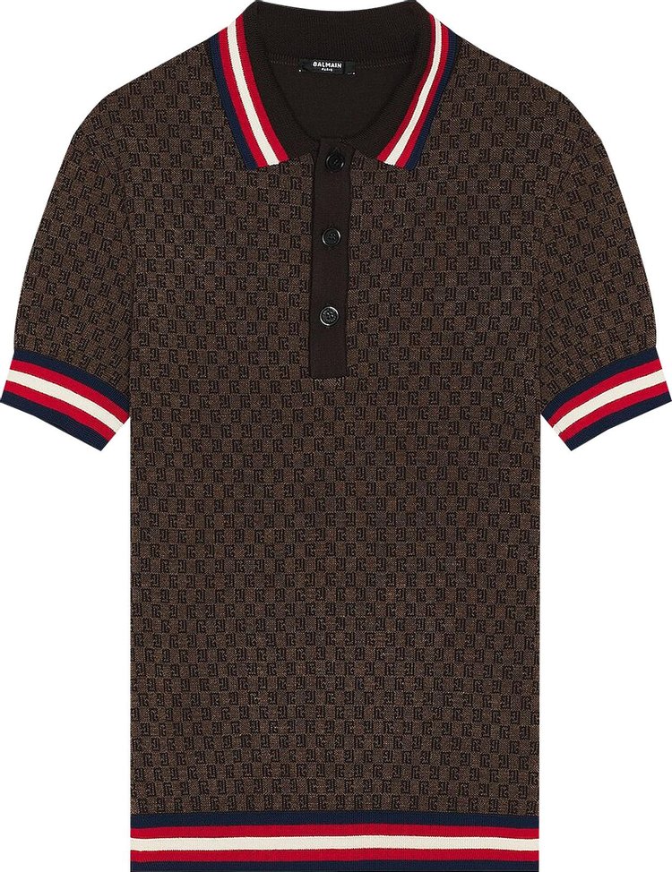 Balmain Monogram Pattern Merino Polo Shirt 'Brown'