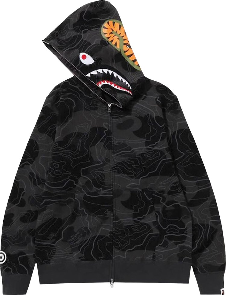 BAPE Layered Line Camo Shark Full Zip Hoodie Black