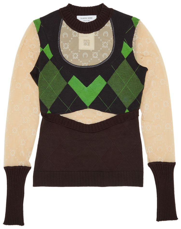 Marine Serre Regenerated Lozenge Knit Crewneck Pullover Brown