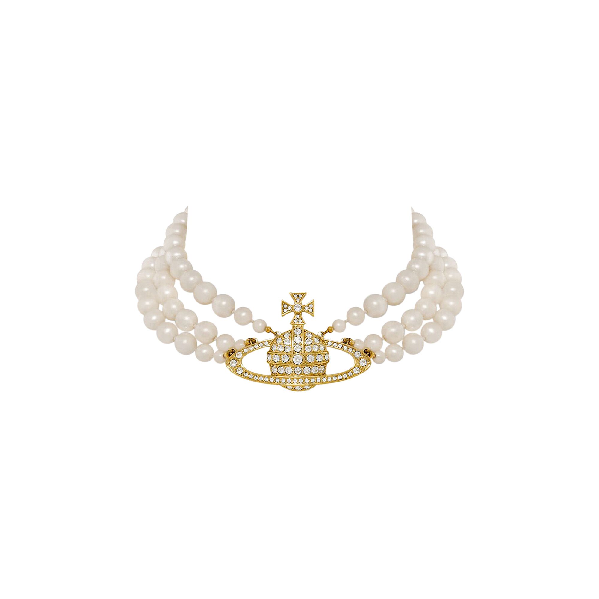 Vivienne Westwood Three Row Pearl Bas Relief Choker Gold Pearl Crystal