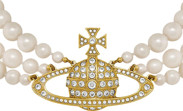 Vivienne Westwood Three Row Pearl Bas Relief Choker GoldPearlCrystal