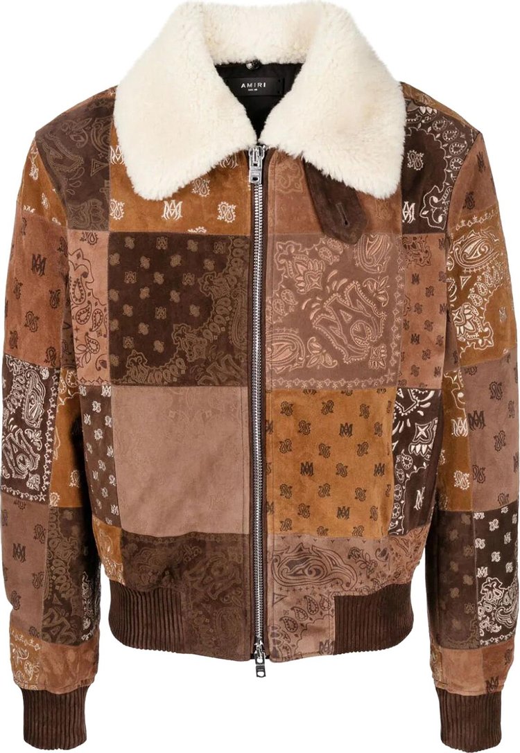 Amiri Bandana Print Patchwork Leather Jacket Brown