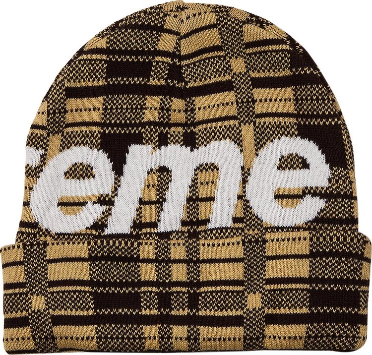 Supreme Big Logo Beanie Tan Plaid