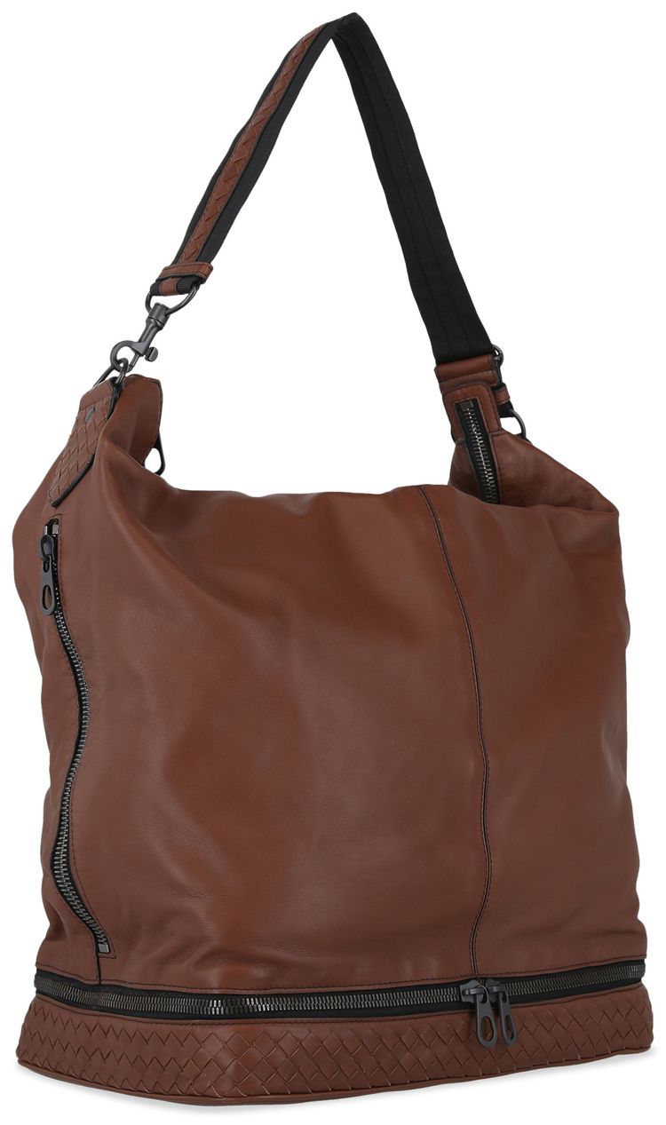 Bottega Veneta Zip Intrecciato Woven Shoulder Bag Brown