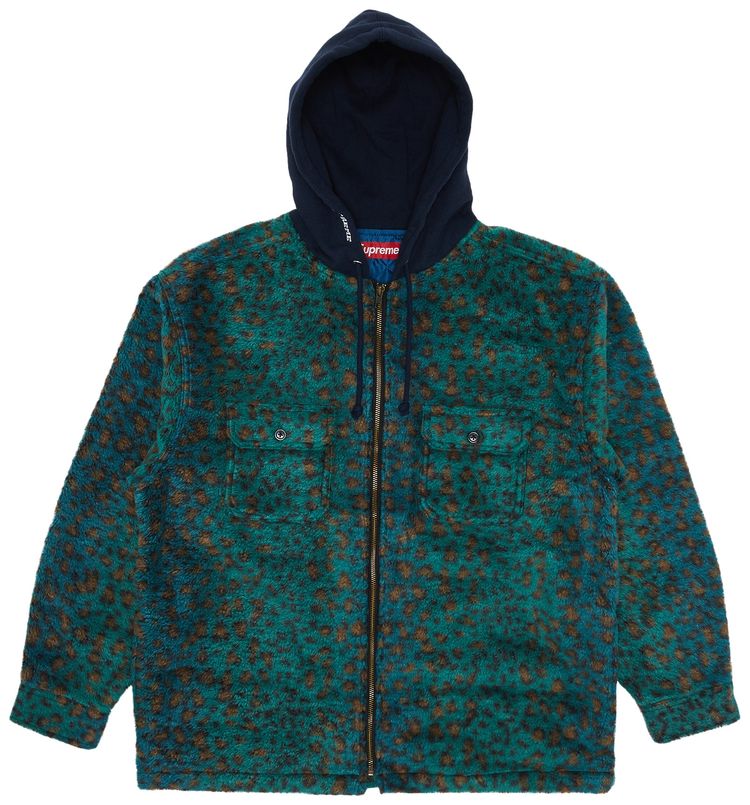 Supreme Fleece Zip Hooded Shirt Teal Leopard