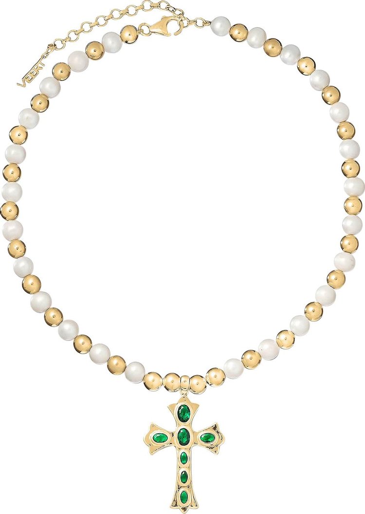 VEERT The Green Cross Freshwater Pearl Necklace 'Yellow Gold'