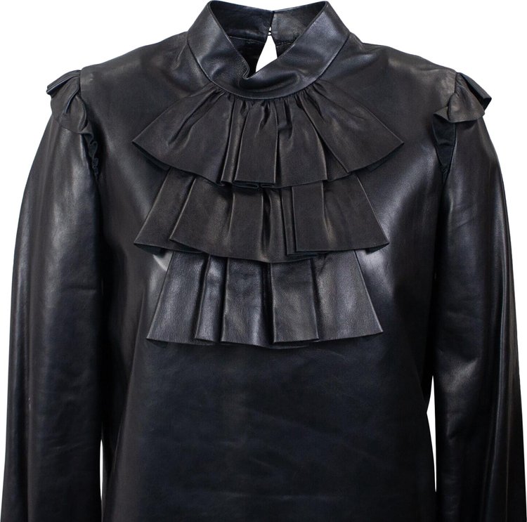 Saint Laurent Leather Ruffled Blouse Black