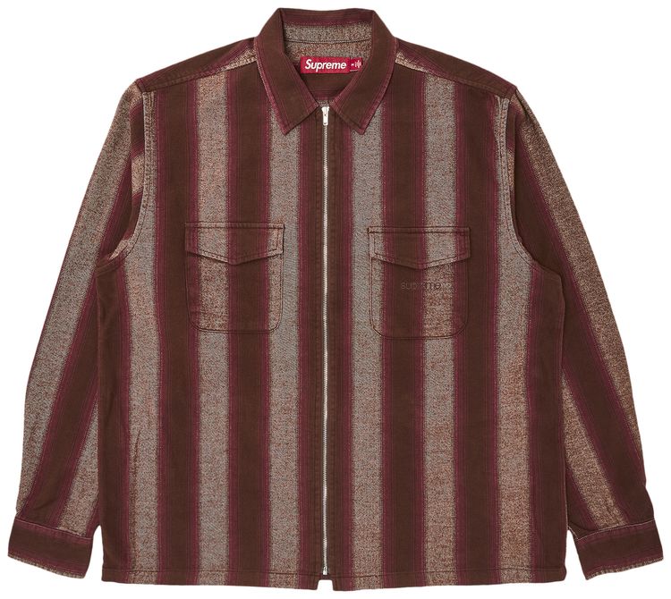 Supreme Stripe Flannel Zip Up Shirt Brown
