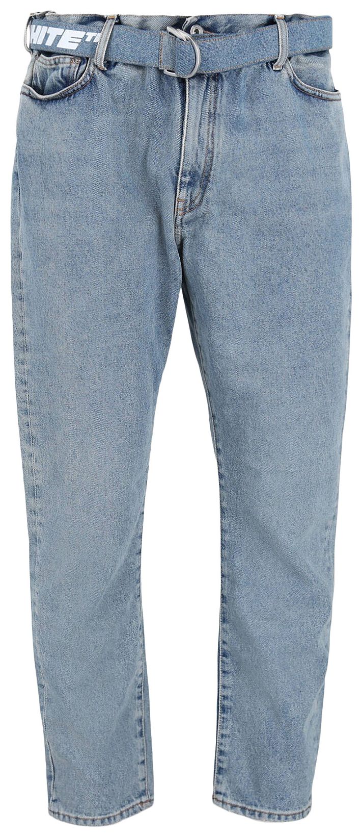 Off White Belted Straight Leg Jeans Light Blue