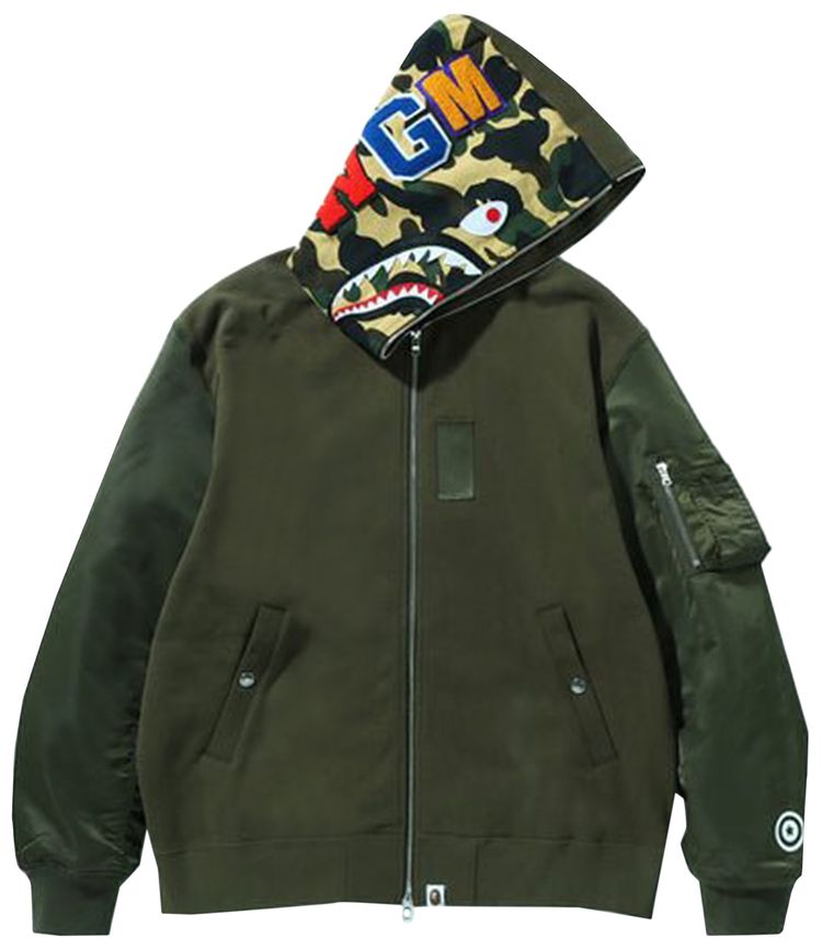 BAPE Military Shark Relaxed Fit Full Zip Hoodie Olive Drab