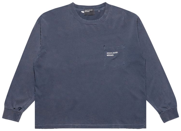Enfants Riches Deprimes Thrashed Logo Long Sleeve Pocket T Shirt Faded BlackWhite