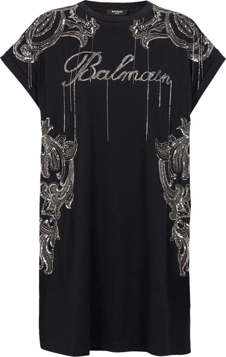 Balmain Sleeveless Embroidered Paisley Chains Short Dress 'Black/Old Silver'