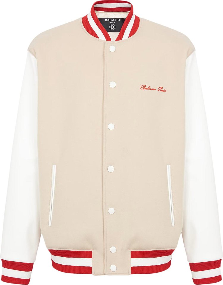 Balmain Bicolor Signature Varsity Jacket 'Ivory/Off White/Red'