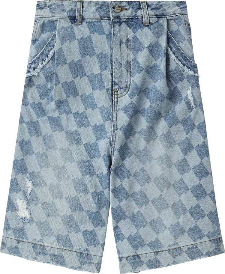 Ader Error Distressed Checkerboard Print Shorts Blue