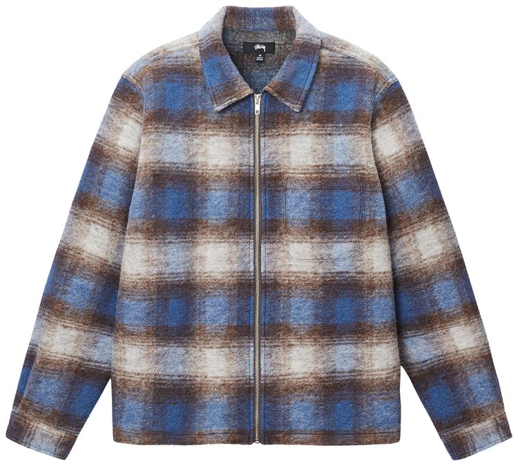 Stussy Brushed Wool Plaid Zip Shirt Blue