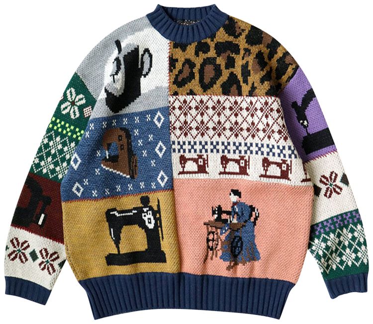 Kapital Kurogane Mishin Patchwork Crew Sweater Navy