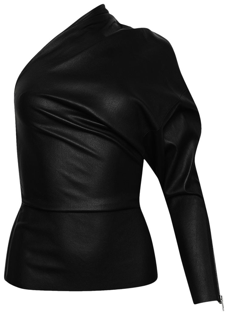 Rick Owens One Shoulder Lambskin Long Sleeve Top Black