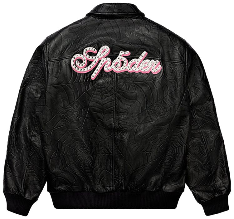 Sp5der Debossed Web Leather Jacket Black