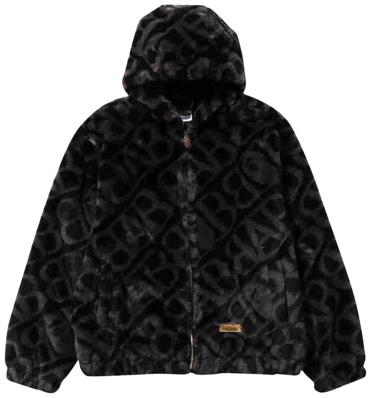 BAPE Sport Monogram Fake Fur Hoodie Jacket Black