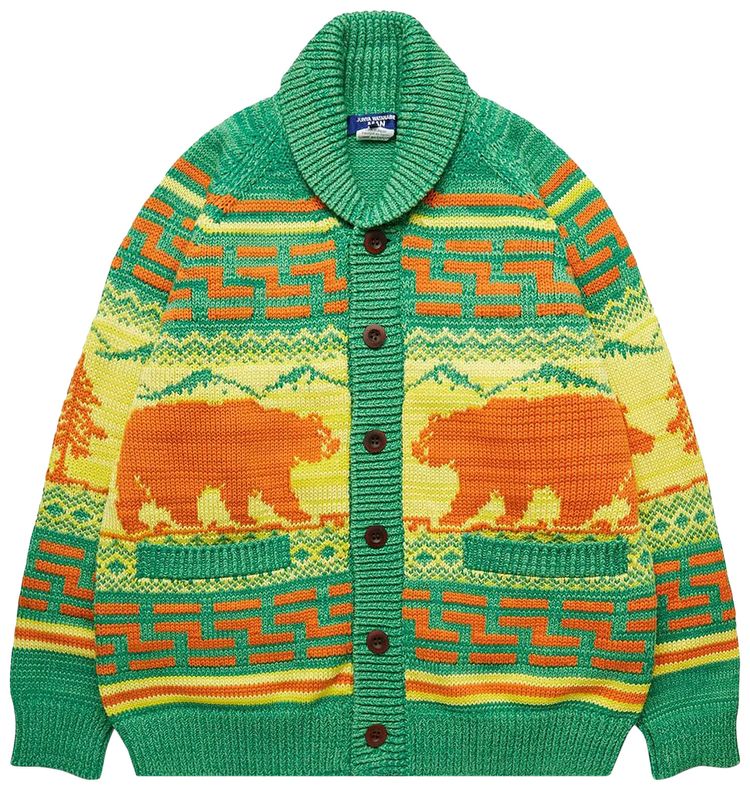 Junya Watanabe Patterned Intarsia Knit Cardigan GreenYellowOrange