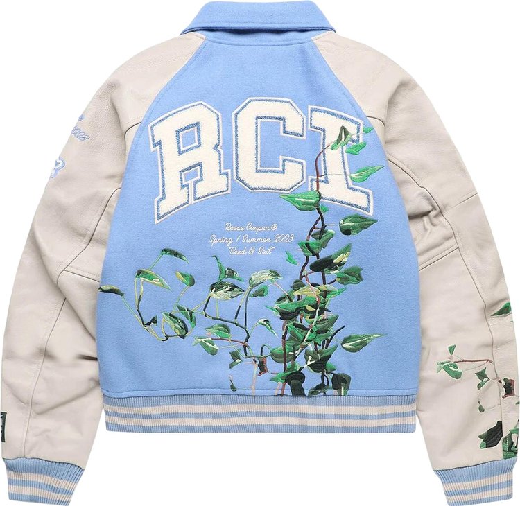 Reese Cooper Embroidered Vines Varsity Jacket Sky Blue