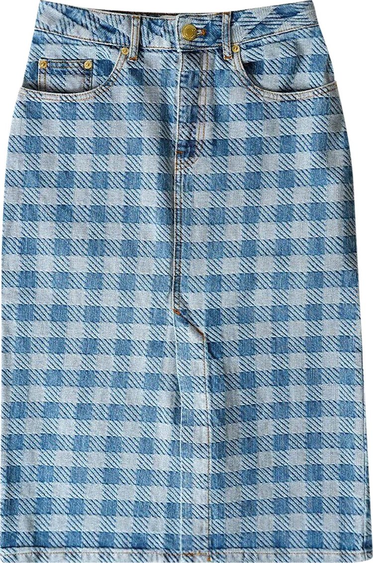 Ami Gingham Denim Jacquard Pencil Skirt Blue