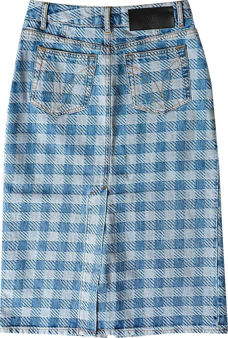 Ami Gingham Denim Jacquard Pencil Skirt Blue