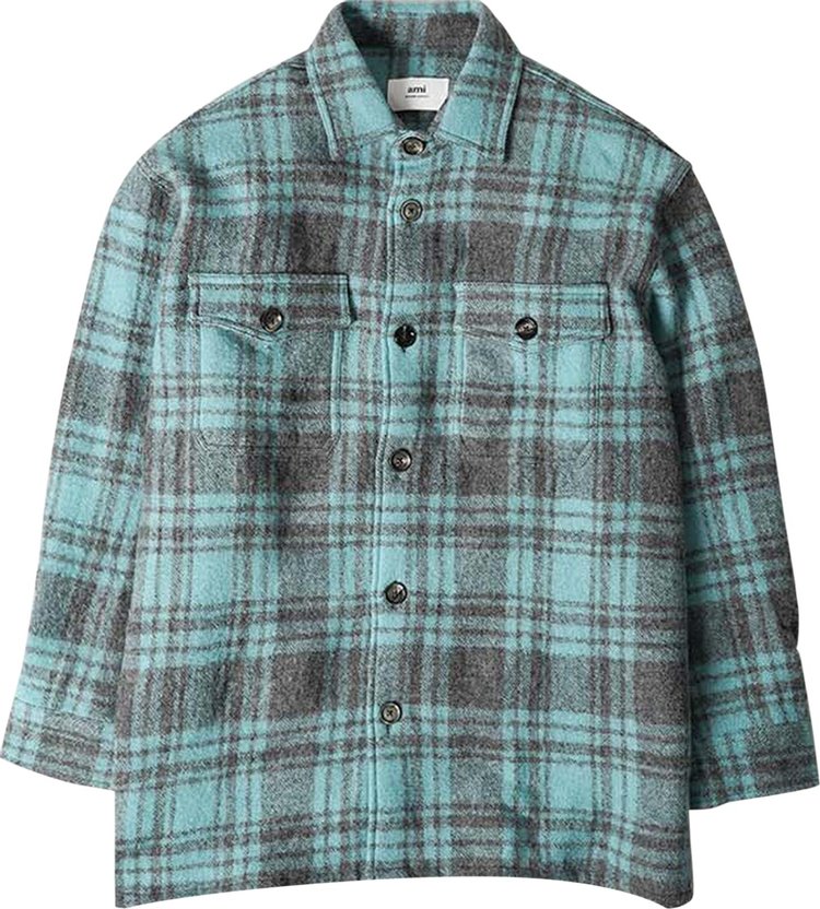 Ami Plaid Wool Shirt Jacket 'Aqua Marine/Mineral Grey'