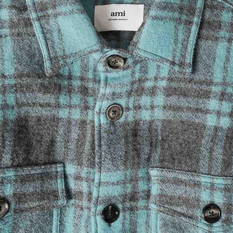 Ami Plaid Wool Shirt Jacket Aqua MarineMineral Grey