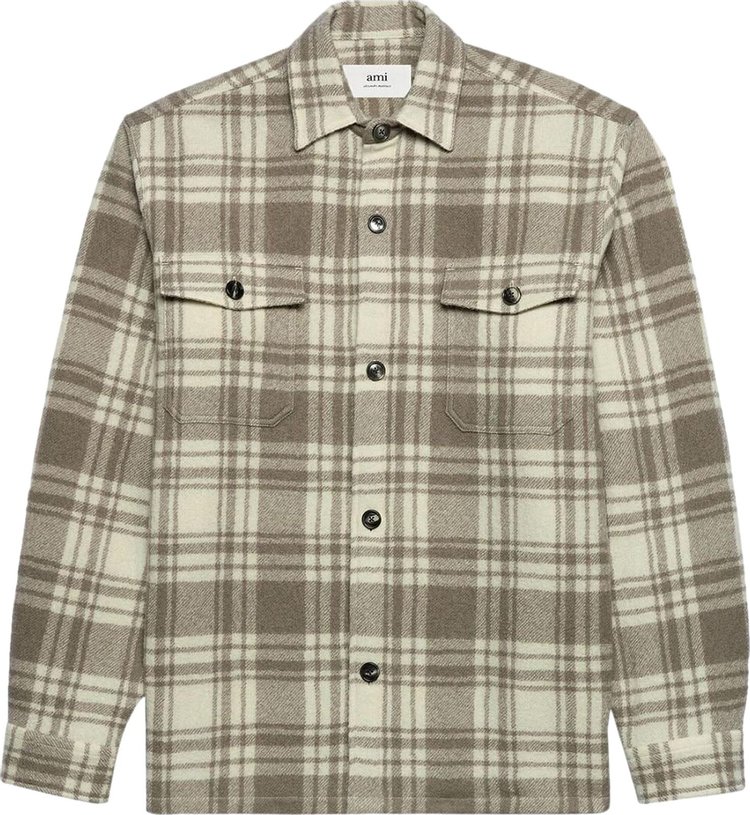 Ami Plaid Wool Shirt Jacket IvoryClay