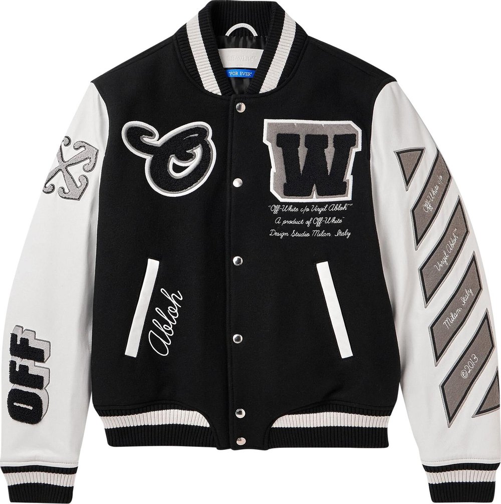 Buy Off-White Leather Wool Varsity Jacket 'Black/Black ...