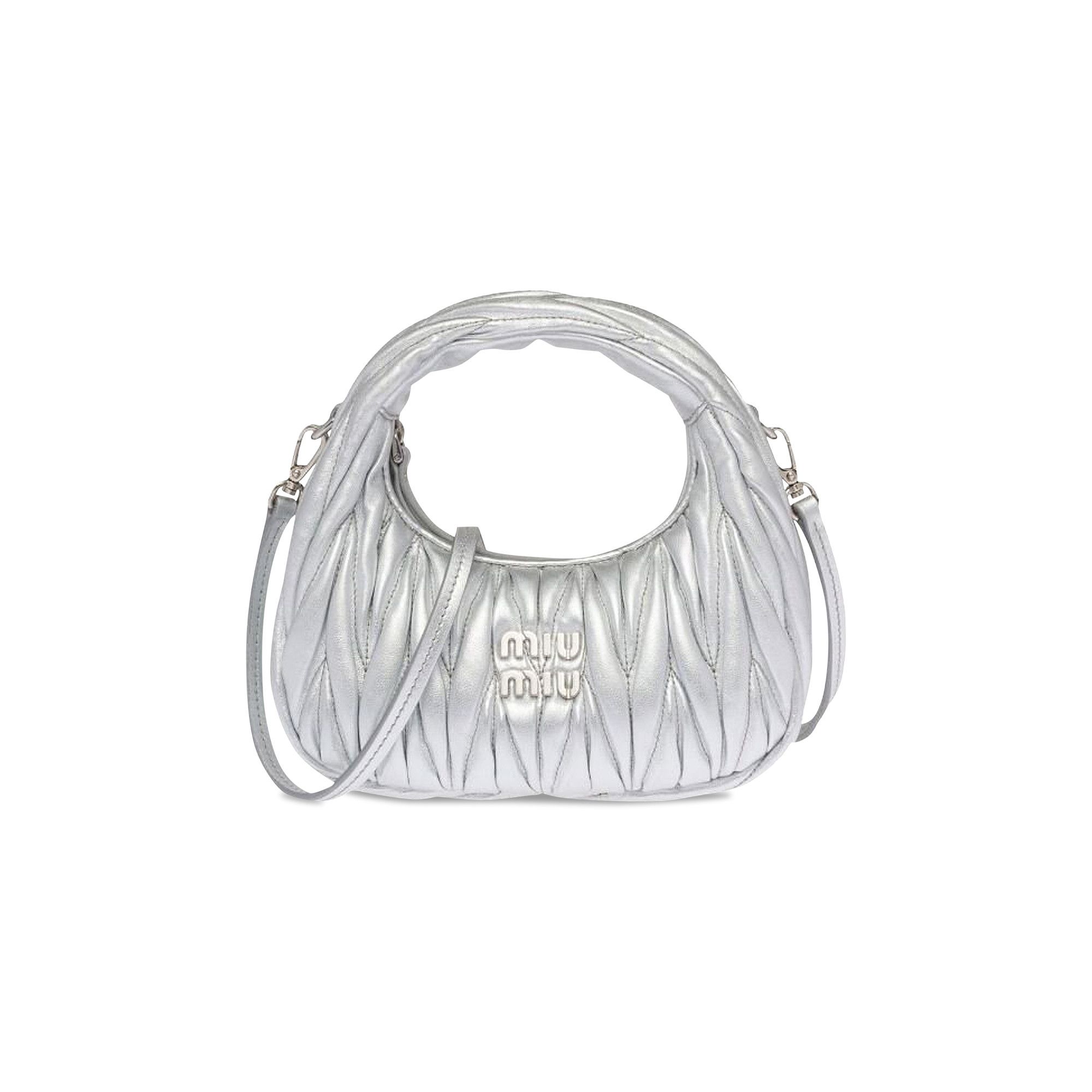 Miu Miu｜ (5BP078 AN88 F0118) Buy Miu Miu Matelassé Nappa Leather Hobo Mini Bag 'Argento