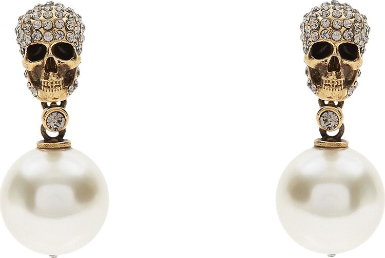 Alexander McQueen Pearl Pave Skull Earrings Antique Gold