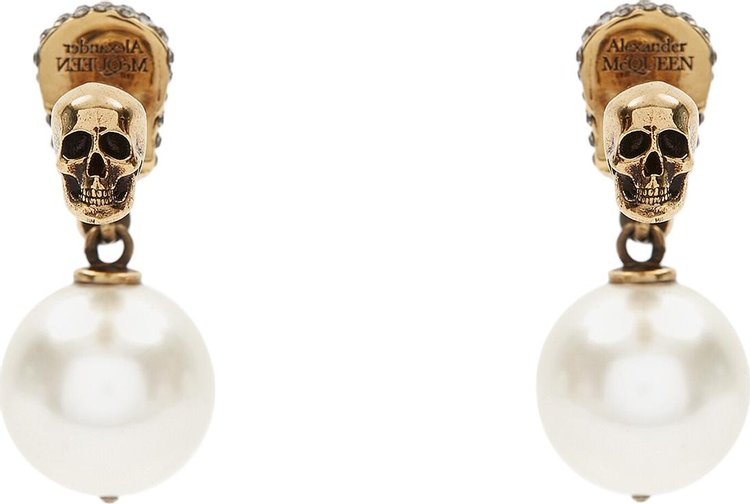 Alexander McQueen Pearl Pave Skull Earrings Antique Gold