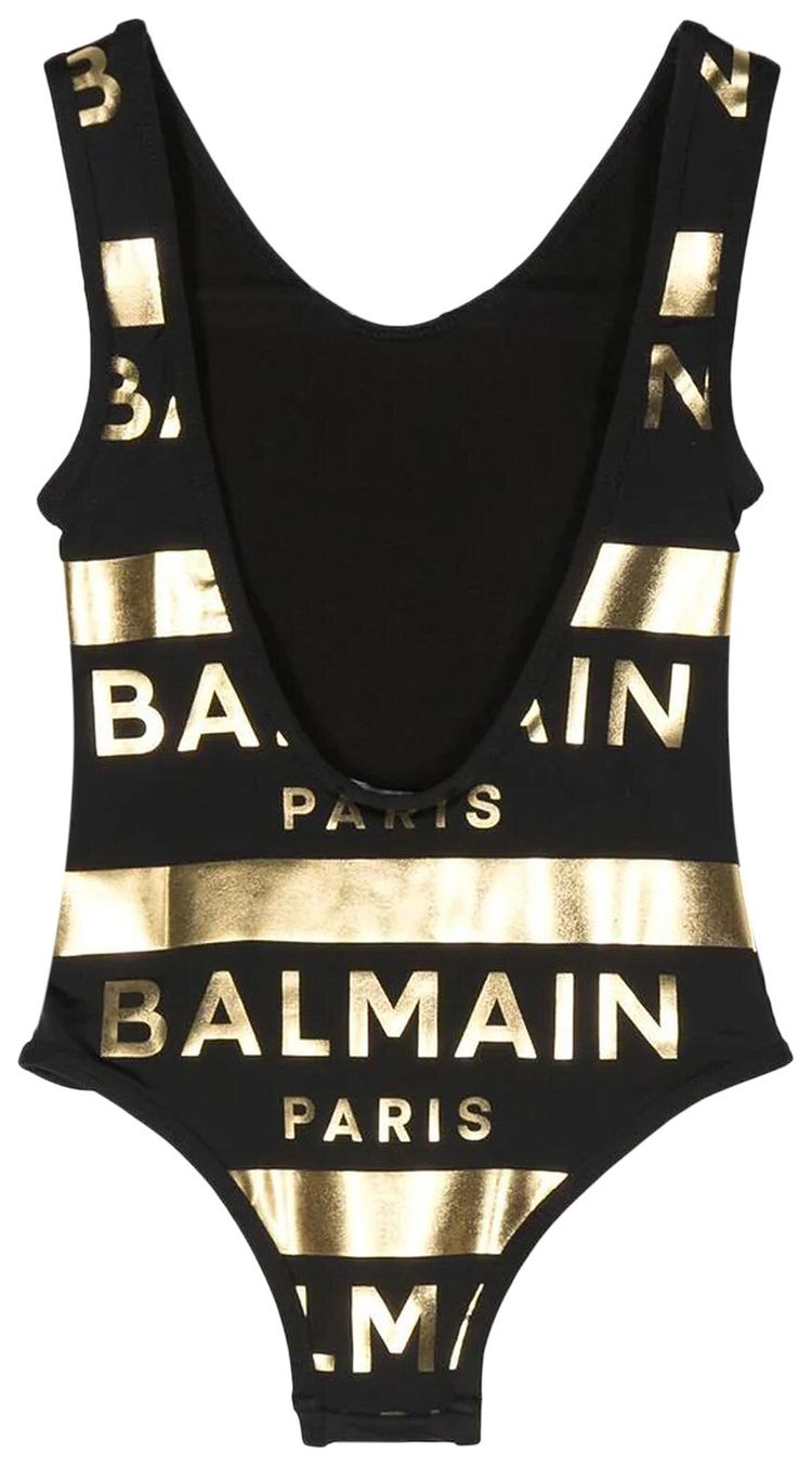 Balmain Kids Logo Printed Low Back Swimsuit Black