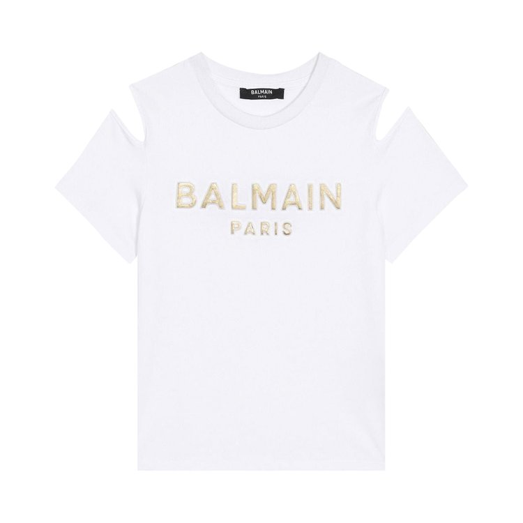 Balmain Kids Logo Printed Cold Shoulder T-Shirt 'White'