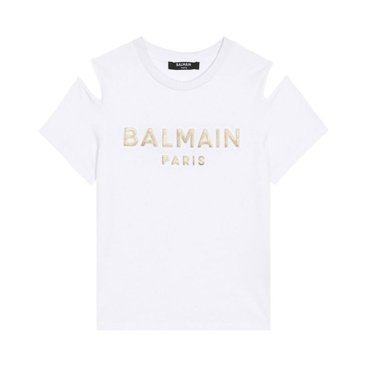 Balmain Kids Logo Printed Cold Shoulder T Shirt White