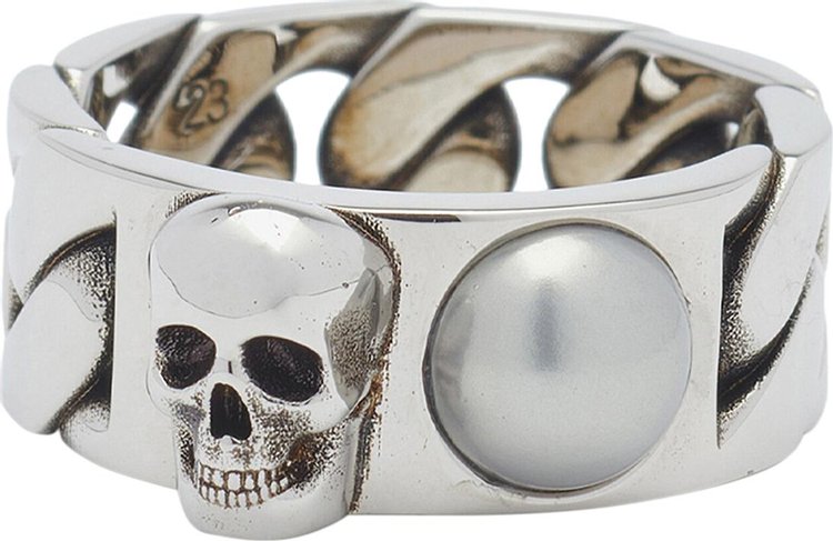 Alexander McQueen Pearl And Skull Chain Ring 'Antique Silver'