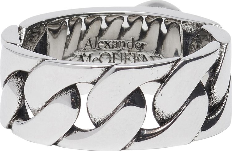 Alexander McQueen Pearl And Skull Chain Ring Antique Silver